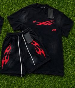 Black & Red Graphic T-Shirt and Shorts Set