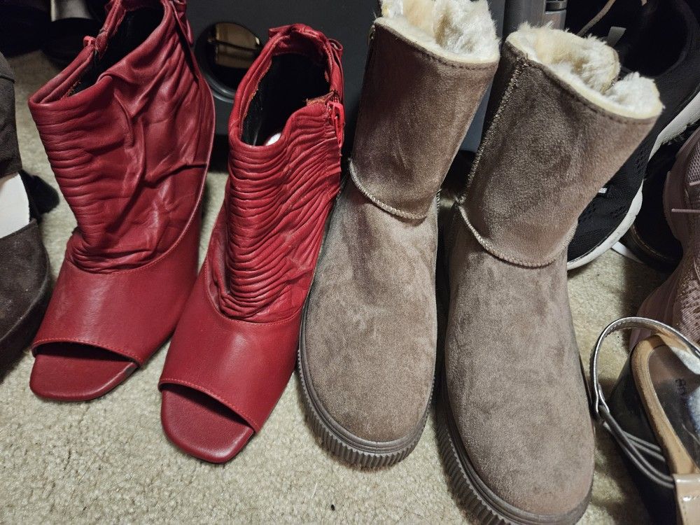 Both Size 7.5 To 8. Red Ones For 4 And Brown Ones Like New For 10