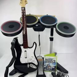Xbox 360 Rock Band 2 Wireless Bundle Kit Guitar Drums Mic Game Bundle Tested Lot