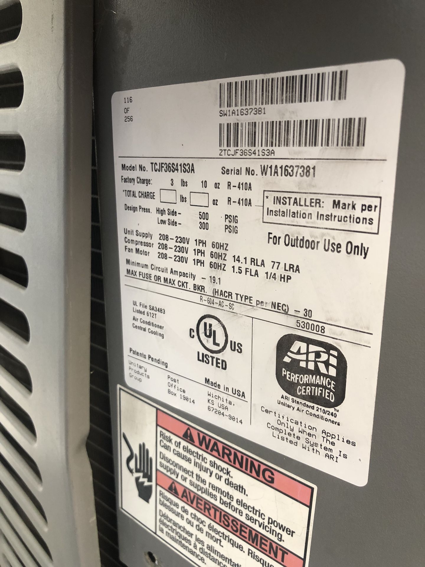 Used 3 Ton Condenser Ac Unit 410A System. Model #tcjf36s41s3a