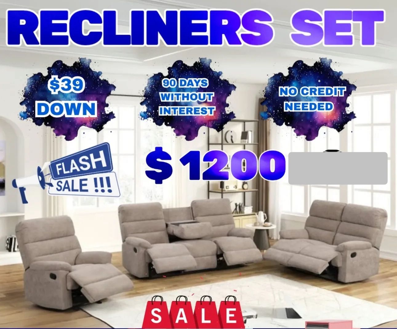 NEW 3pc RECLINING SECTIONAL SOFA SET - SPECIAL FINANCING JUST $54 Down