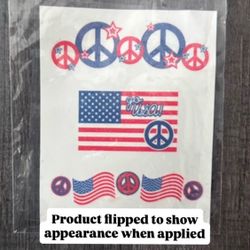 New Patriotic American Flag, USA, & Peace Sign Glittery Temporary Tattoos