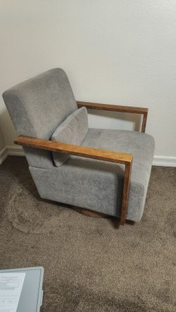 Gray Upholstered Accent Chair with Wood Arms
