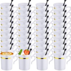 Bokon 100 Pcs Plastic Coffee Tea Cups Reusable 8 oz White Coffee Mugs Bulk with Handle and Spoon with Gold Rim Espresso Cup for Tea Cafe Milk Dessert