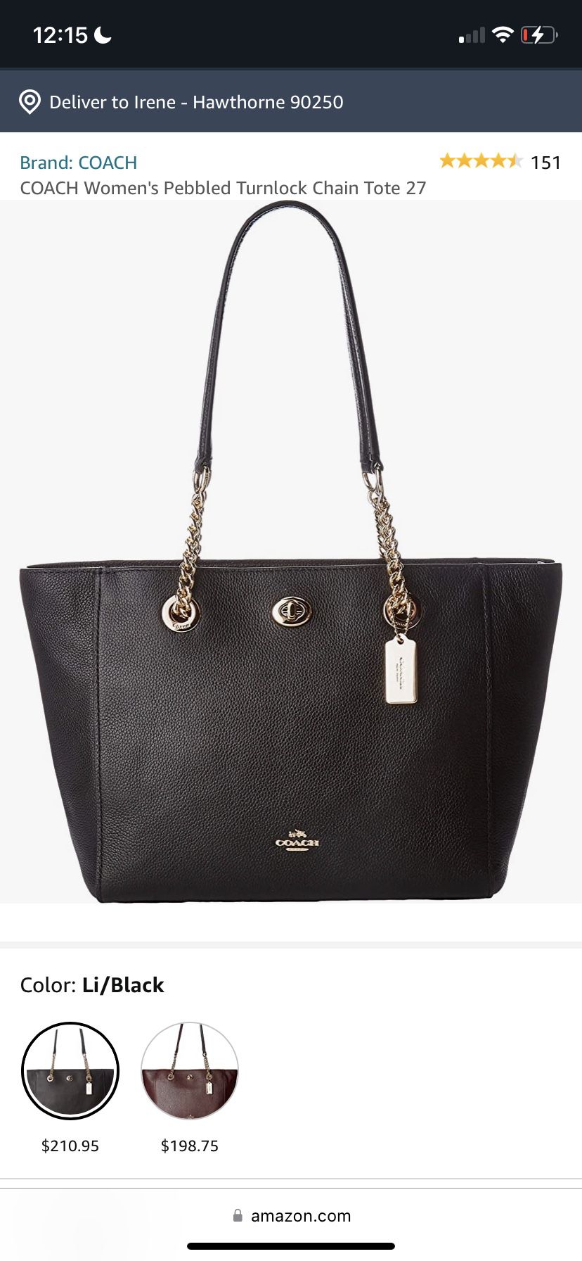 Coach Women's Pebbled Turnlock Chain Tote