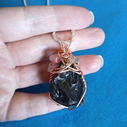 Black tourmaline quartz copper wire wrapped pendant sterling silver necklace 