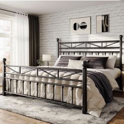 M69  54" Metal King Bed Frame with Tall Headboard & Footboard, LED Light King Bed Frame, Strong Metal Slats Support and Noise-Free Design with Under B