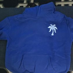 Pink Palm Puff Women's Blue Pullover Hoodie Graphic Floral Palm Logo Long Sleeve