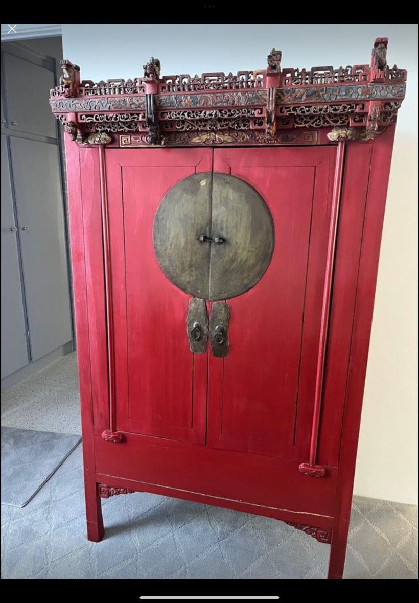 Price Reduction!!!! $100 - Antique Asian Carved Armoire - Red Stain
