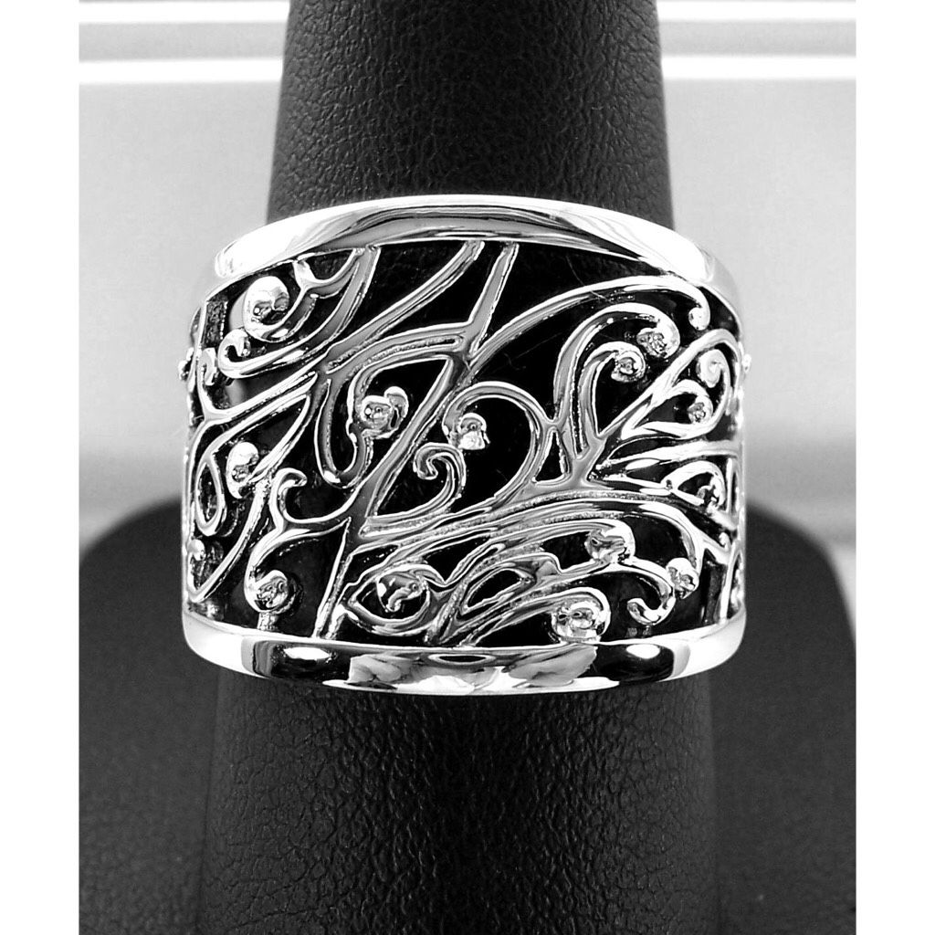 Size 8, 925 Sterling Silver Extravagant Vines Swirls Wide Band Ring