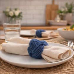 Handcrafted Blue Jute Napkin Rings – Rustic Farmhouse Table Decor, Boho Woven Napkin Holder for Dining Table, Wedding & Party Decoration, Durable Natu