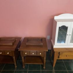 2 Brown Side Tables, 1 Wood Finished Side Table, 1 Children’s Clothing Armoire 