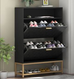 New fully installed Modern Black and Gold Tilt-Out Shoe Cabinet Organizer