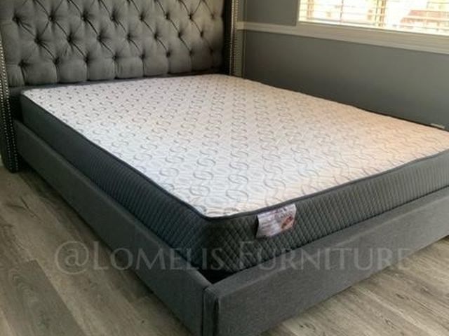 Queen Gray tufted Bed W. Orthopedic mattress Included