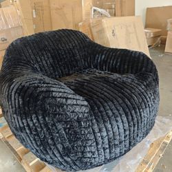 Oversized Black Fabric Faux Rabbit Fur Accent Chair Comfy Bean Bag Chair with Wide Armrests