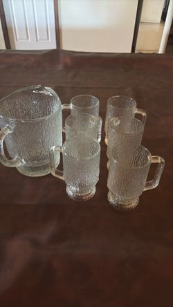 Indiana Glass “Ice Crystal “ Textured Pitcher and Mugs