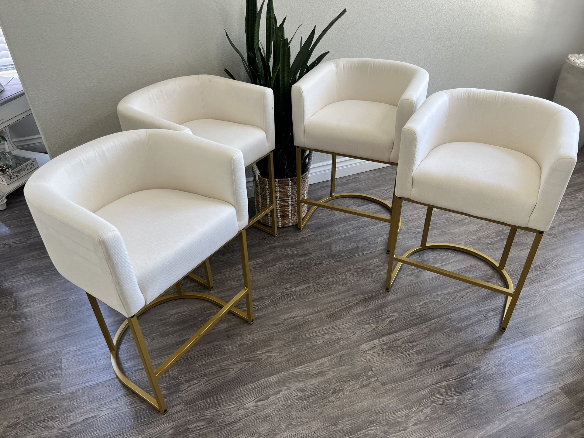 LUE BONA 27" H Counter Height Bar Stools Set of 3, Modern Barrel Counter Stools with Backrest and Arms, Gold Metal Frames, Linen Fabric Upholstered Ac