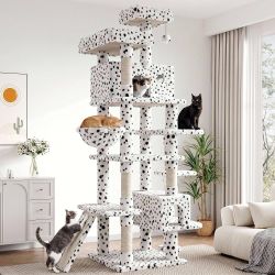 82 inch, Multi-Level Cat Tree Tower for Indoor Cats, Cat Condo with Sisal Scratching Posts, Plush Perches, Hammocks, Toy Balls, White & Black Spot