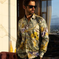 Barbas Men’s Floral Paisley Rose Printed Long Sleeve Shirt