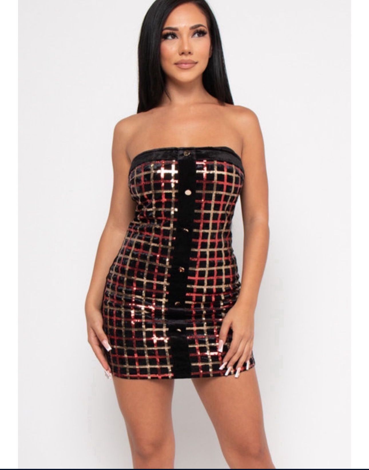 BLACK VELVET RED AND GOLD SEQUINS STRAPLESS BUTTONS DOWN BODYCON MINI DRESS
