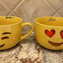 2 Emoji Soup Mugs With Handle Wink And Love, Excellent Used Condition/Hardly Used, $15 Cash At Pickup In Apex