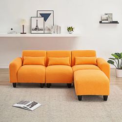The 84.6 inch Orange Teddy Fleece Creative Sofa can be Assembled into a Two Seater Sofa with a Single Couch with Three Waist Pillows to Perfectly Stre