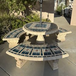 Cement And Tile Table With Benches 