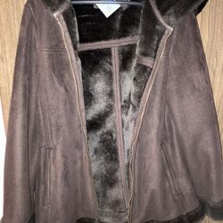 Beautiful Chocolate Brown Suede Coat With Fur Lining, Cuffs, And Around Bottom 