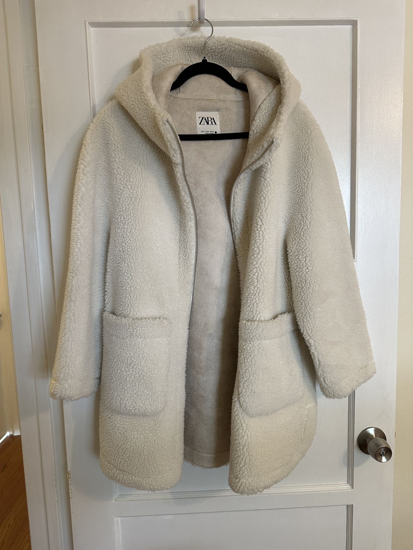 ZARA Off White Sherpa Textured Coat Jacket With Hood