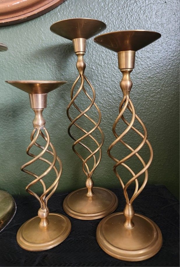 Vintage Brass Spiral Candle Holders Set Of 3