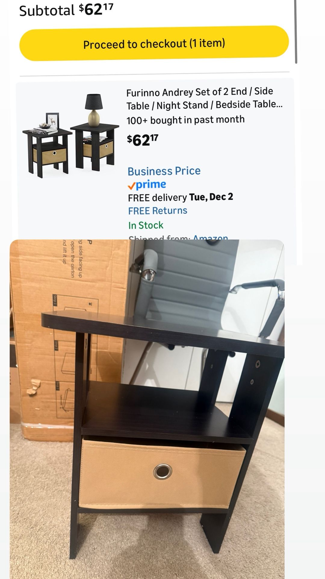 Side Table, End Table, Night Stand with Open Shelves and Storage Bin, Bedside Table, for Living Room, Bedroom, Espresso New sealed un assembled 20$