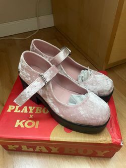 Playboy X KOI Pink crushed velvet Mary Jane shoes with adjustable buckles