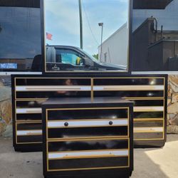 Black / Gold / White Dresser Set With Nightstand & Mirror, Bedroom Furniture Set, Wardrobe, Bureau