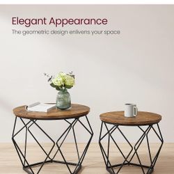 VASAGLE Small Coffee Table Set of 2, Round Coffee Table with Steel Frame, Side End Table for Living Room, Bedroom, Office, Rustic Brown and Ink Black
