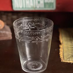 Antique RARE 18-19TH C BLOWN FLINT GLASS FLIP GLASS WITH ACID ETCHED ENGRAVED