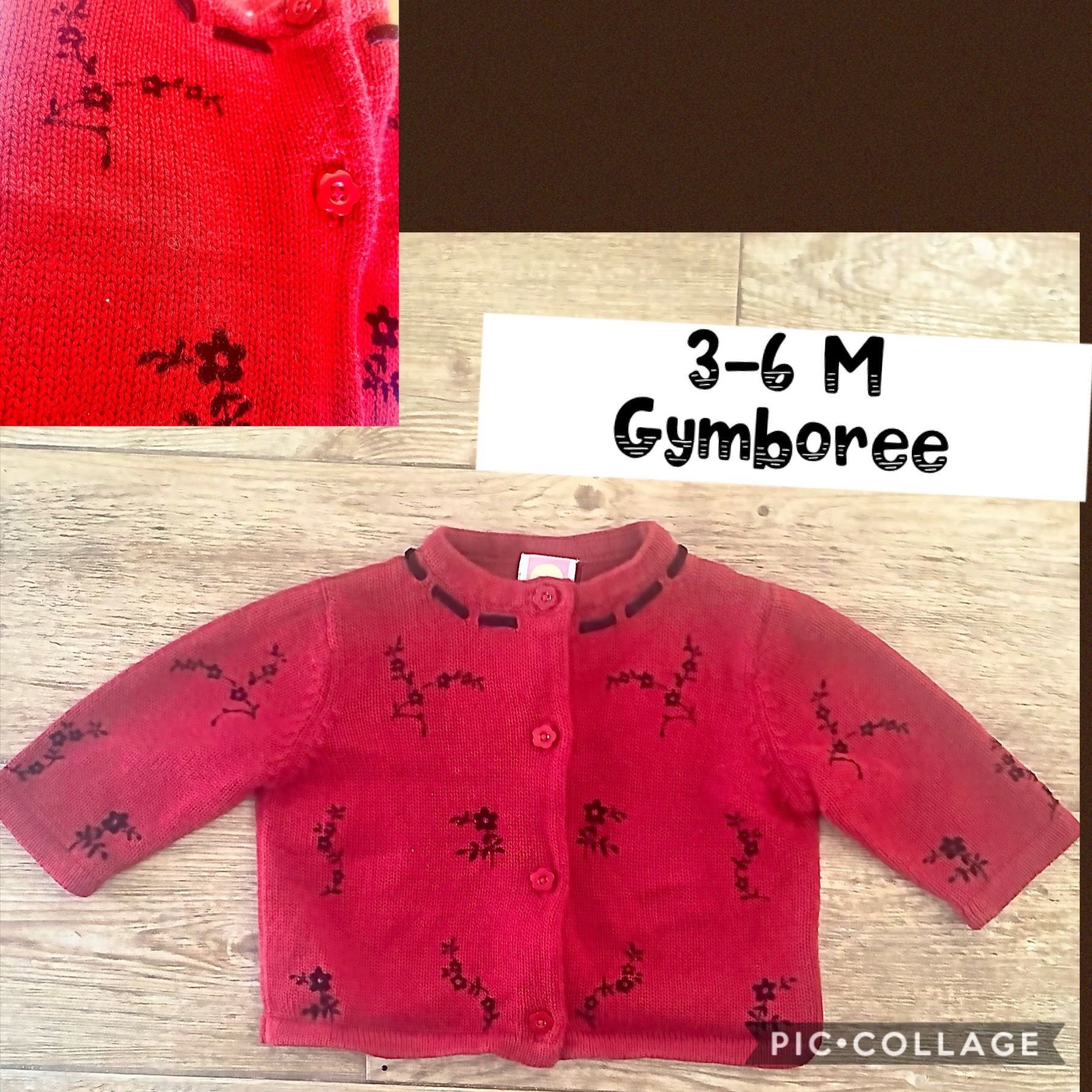 3-6 M baby girl, Gymboree cardigan, red with black leaves flowers perfect for Christmas