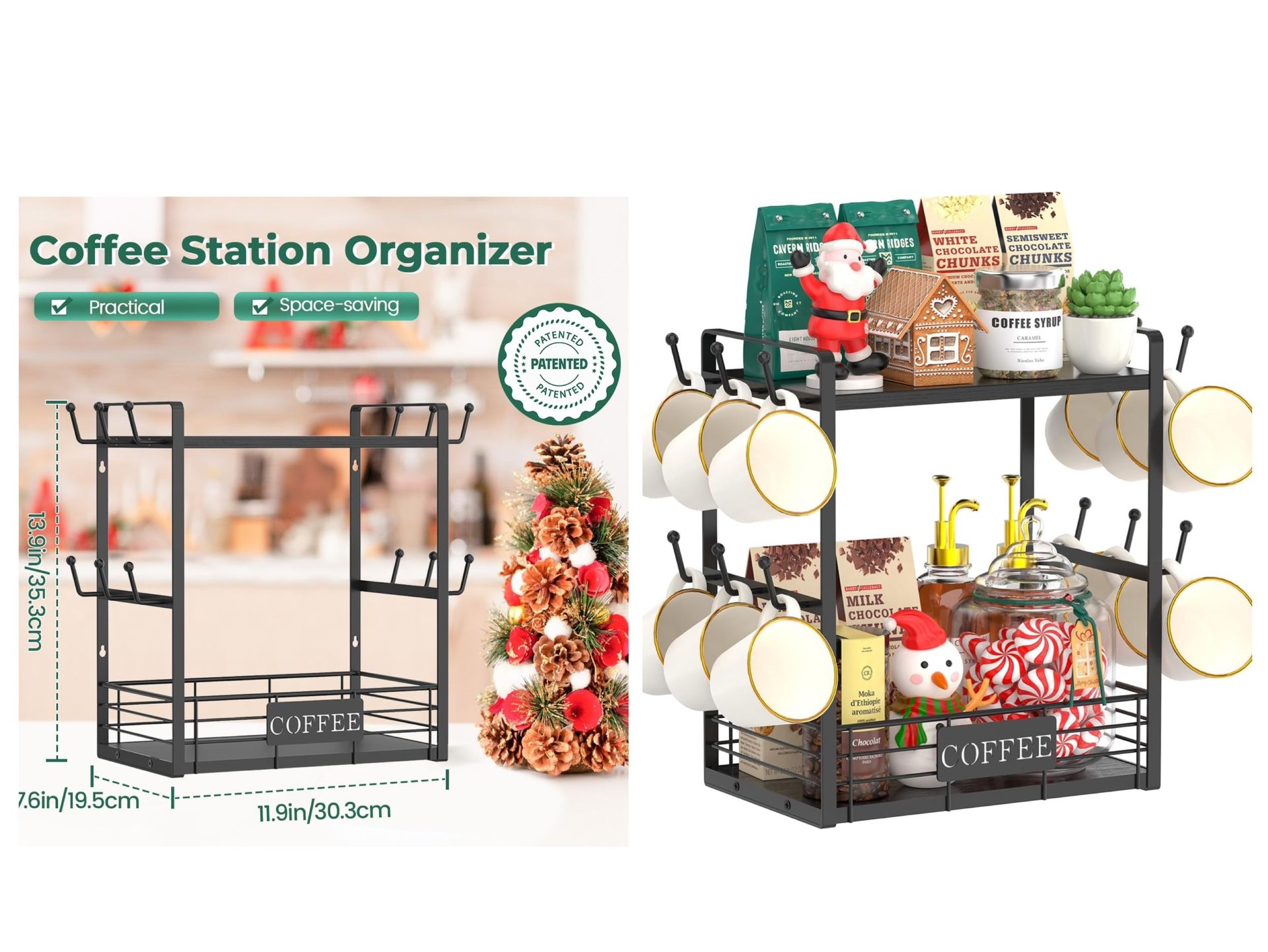 ly 2 Tier Coffee Bar Organizer Countertop Station Shelf for Home Office, Multi-functional Coffee Mug Cup Holder Stand, Accessory Storage Rack with 12