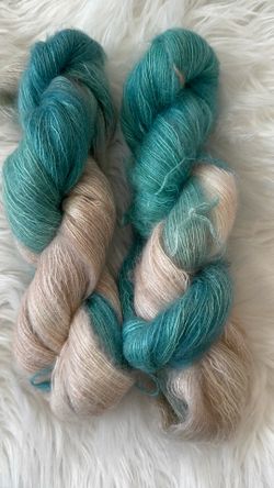 Mohair/Lace Yarn- Saltwater Moon- bright aqua, sand color, tan