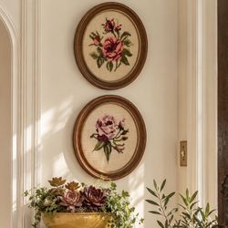 Vintage Pair 2 Framed Needlepoint Floral Wall Art Oval Wooden style Flowers Cottage Decor Handmade Collectible Granny Wall Hanging Artwork Knit 