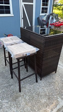 Yaheetech 3pcs Outdoor Bar Set, Patio Wicker Bar Furniture with 2 Storage Shelves, Glass Top Table, Cushions and Two Stools, Brown/Khaki