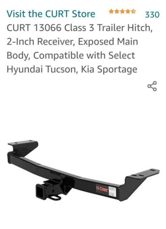 CURT 13066 Class 3 Trailer Hitch, 2-Inch Receiver, Exposed Main Body, Compatible with Select Hyundai Tucson, Kia Sportage

