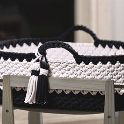 Hand Crocheted Baby Moses Basket with Custom Mattress and Wooden Base