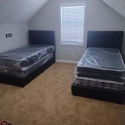 BRAND NEW BLACK OR SMOKE GRAY (2) TWIN BEDS , MATTRESSES & BASE $580! PRICE INCLUDES DELIVERY!  