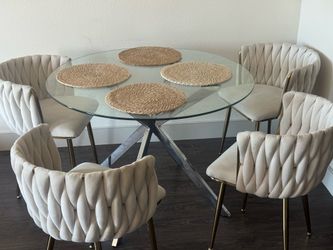 Round Glass Dining Table + 4 Velvet Chairs – Modern Set