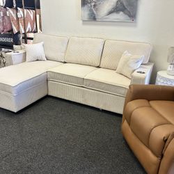 Sleeper Sofa In Corduroy Fabric With Reversible Storage Chaise 