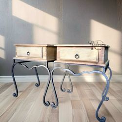 Solid Pine Wood Vintage Wrought Iron Set Of Two Side Tables Night Stand End Tables 