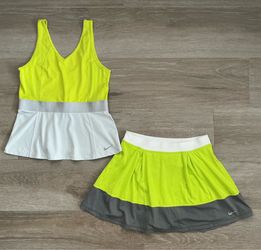 Nike Serena Williams Tennis Set Outfit Dri Fit Tank & Skirt - Venom Green/White/Grey - Size Large