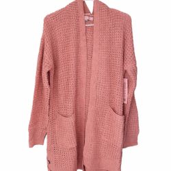 Pink Knit Hooded Sweater with Lace-Up Details