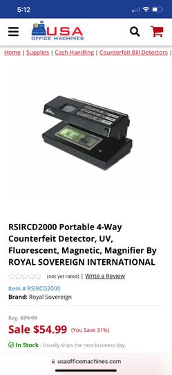 RSIRCD2000 Portable 4-Way Counterfeit Detector, UV, Fluorescent, Magnetic, Magnifier By ROYAL SOVEREIGN INTERNATIONAL
