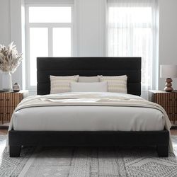 King Size Platform Bed Frame with Velvet Upholstered Headboard and Wooden Slats Support, Fully Upholstered Mattress Foundation/No Box Spring Needed/Ea
